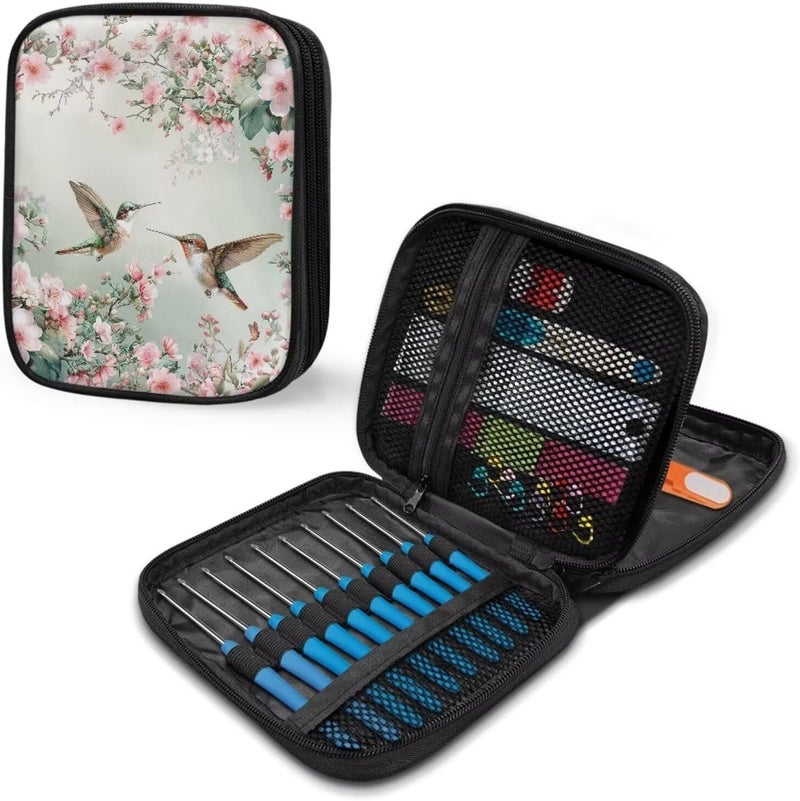 Hechitok Hummingbird Flower Crochet Hook Case, Zipper Storage Organizer Bag with Web Pockets for Crochet Needles/Knitting Accessories/Crochet Hook Kit Tools Easy to Hold - Image 5